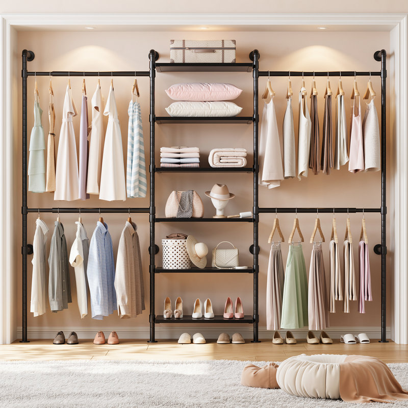 62''- 91'' L Shaped/c Shaped Metal Pipe Clothing Rack Wall Mounted With 6 Wooden Shelves & 4 Telescopic Rods, Black
