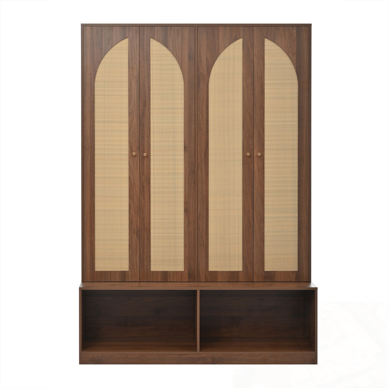 Hall Tree With 4 Rattan Doors, 6 Hooks And Adjustable Shelf, Walnut