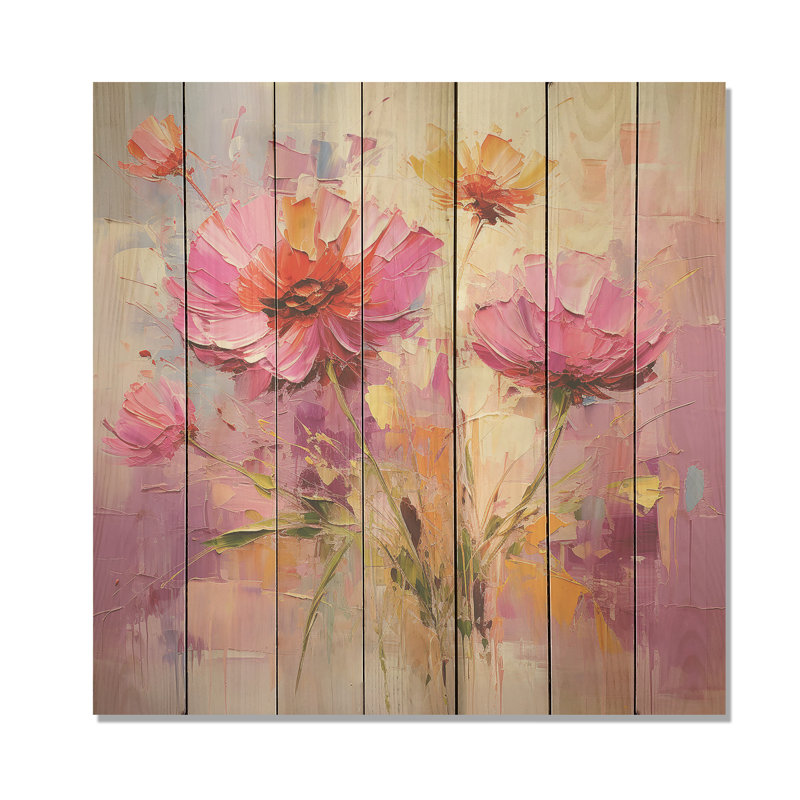 Jardin rose et jaune des bleuets - Bleuets sur bois, H 15 po x l 15 po