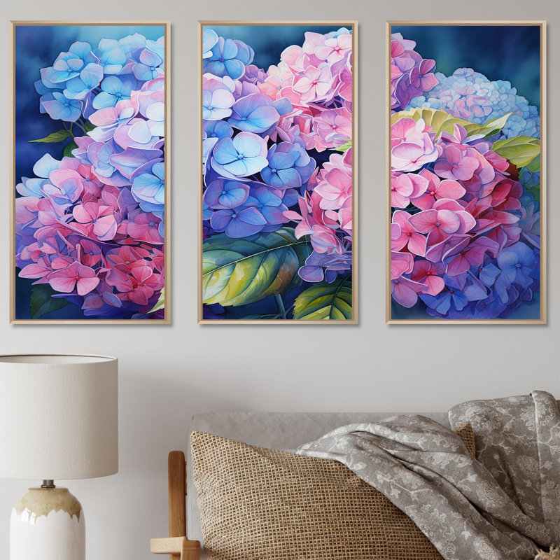 Ensemble d'hortensias muraux roses et mauves, coucher de soleil I, Cadre naturel flottant, H 32 po x l 48 po x P 1 po