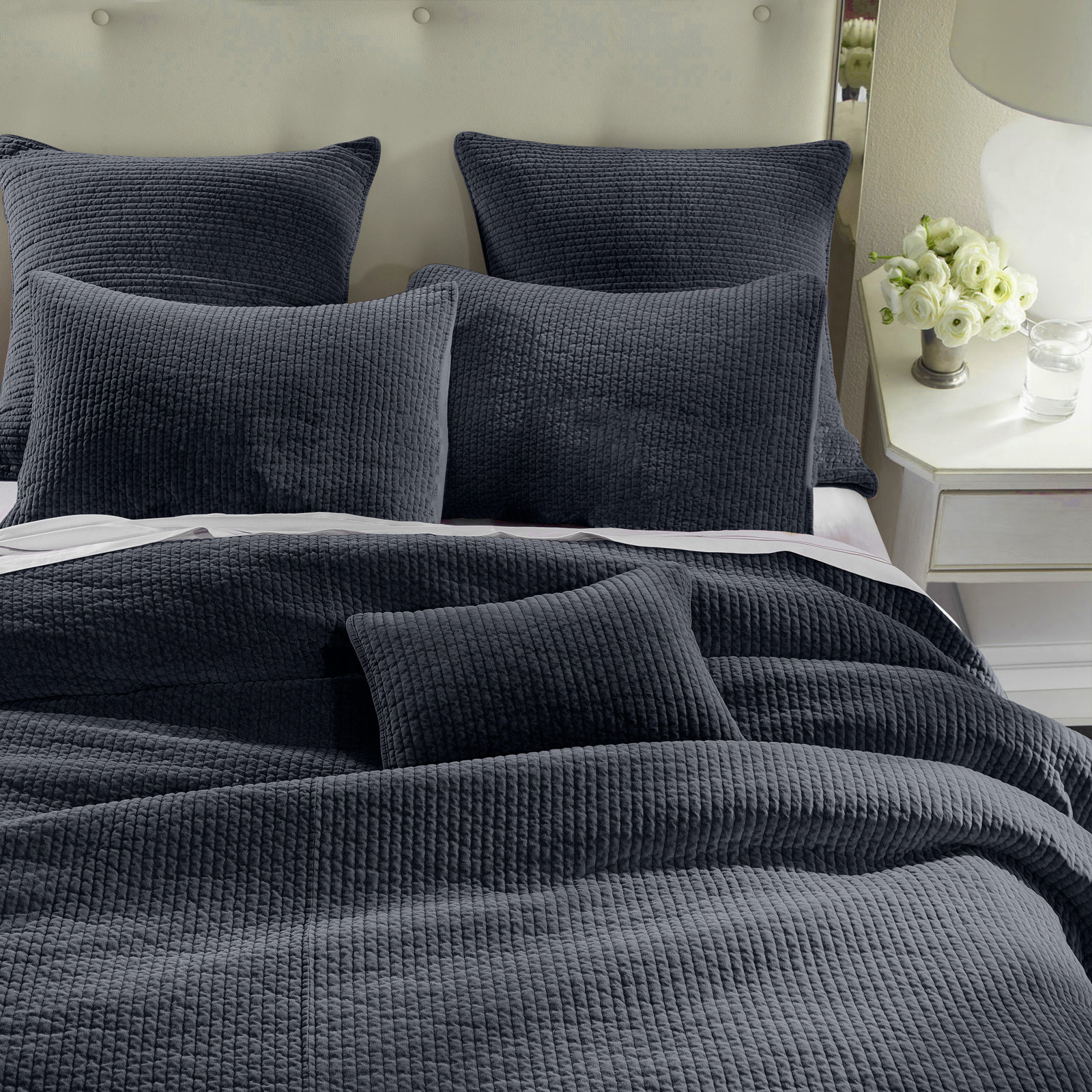 Stone Washed Cotton Velvet Quilt Set, Navy, King Quilt  + 2 King Shams