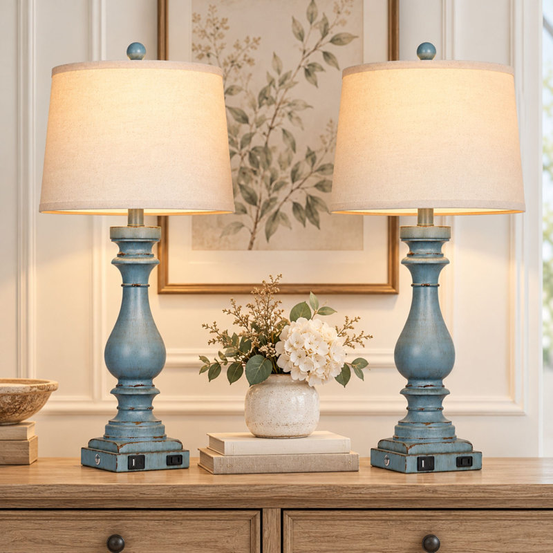 29" Distressed Blue Farmhouse Table Lamps Set with 3-Way Touch Dimming, USB-A & Type-C, LED Bulbs Included