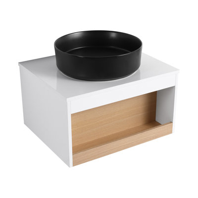 Meuble-lavabo flottant 24 po avec lavabo vasque rond noir mat, meuble-lavabo mural avec rangement ouvert, finition blanche avec comptoir durable, conception moderne peu encombrante (livré dans 2 boîtes)