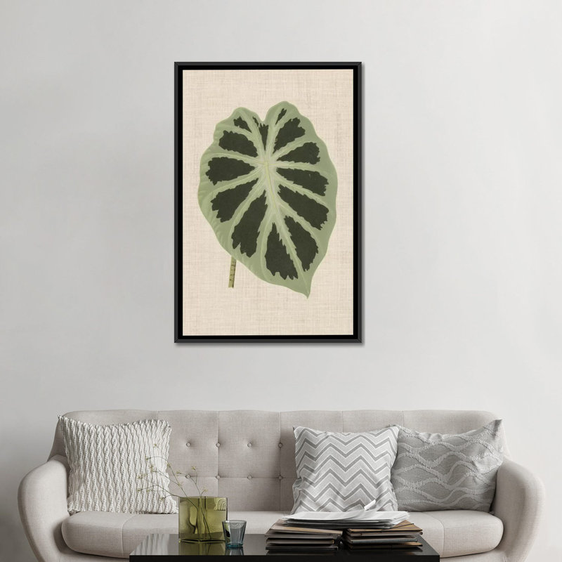 «Leaves on Linen II», impression sur toile, H 48 po x l 32 po x P 1,5 po, Toile avec cadre noir, Pas de tapis