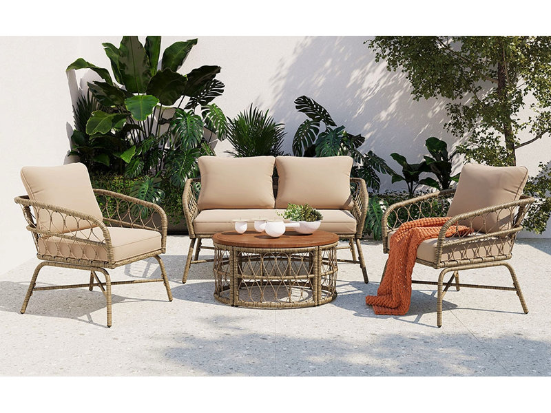Bohemia-Inspired 4-Person Outdoor Seating Group With Removable Cushions, Conversation Patio Set With Wood Tabletop, Beige