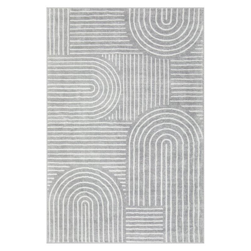 Celeta Washable Abstract Japandi Rainbow Striped Gray Area Rug - Colorful Modern Carpet for Living Room, Bedroom, or Office Decor