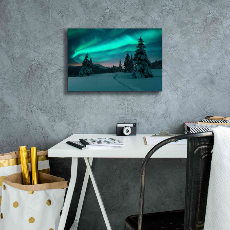 «Northern Lights In Winter Forest 4» par Epic Portfolio, estampe numérique sur toile, H 12 po x l 18 po x P 0,75 po