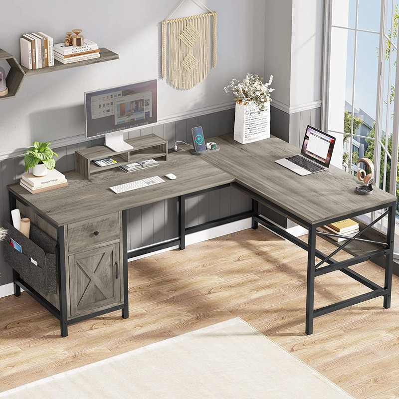 Josphua L-Shaped Computer Desk with Power Outlet, Brown/Black