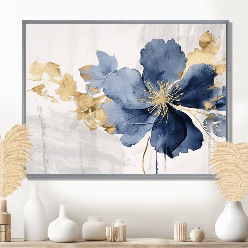 Hibiscus bleu et blanc, fleurs d'harmonie tropicale I - art mural floral, H 12 po x l 20 po, Encadrement argenté