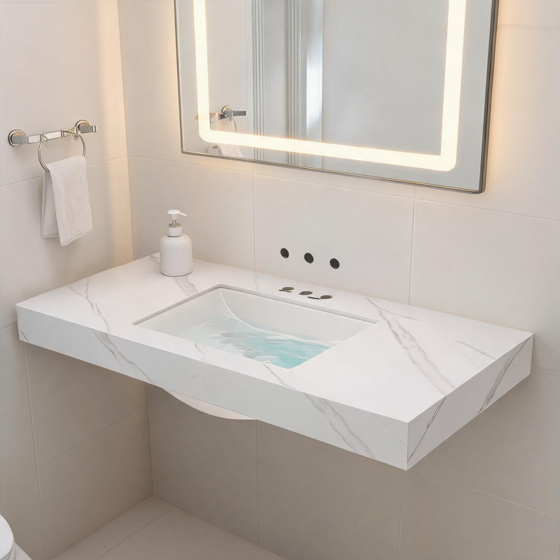 Comptoir de salle de bain en pierre frittée blanche de Carrare de 48 pouces avec lavabo en céramique encastré et trois trous prépercés pour robinetterie standard