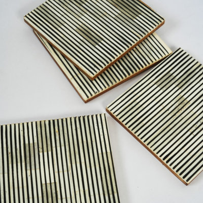 Pinstripe Bone & Resin Inlay Coaster Set of 4 – Handcrafted Black and White Striped Drink Coasters with Decorative Geometric Design | Mela Artisans