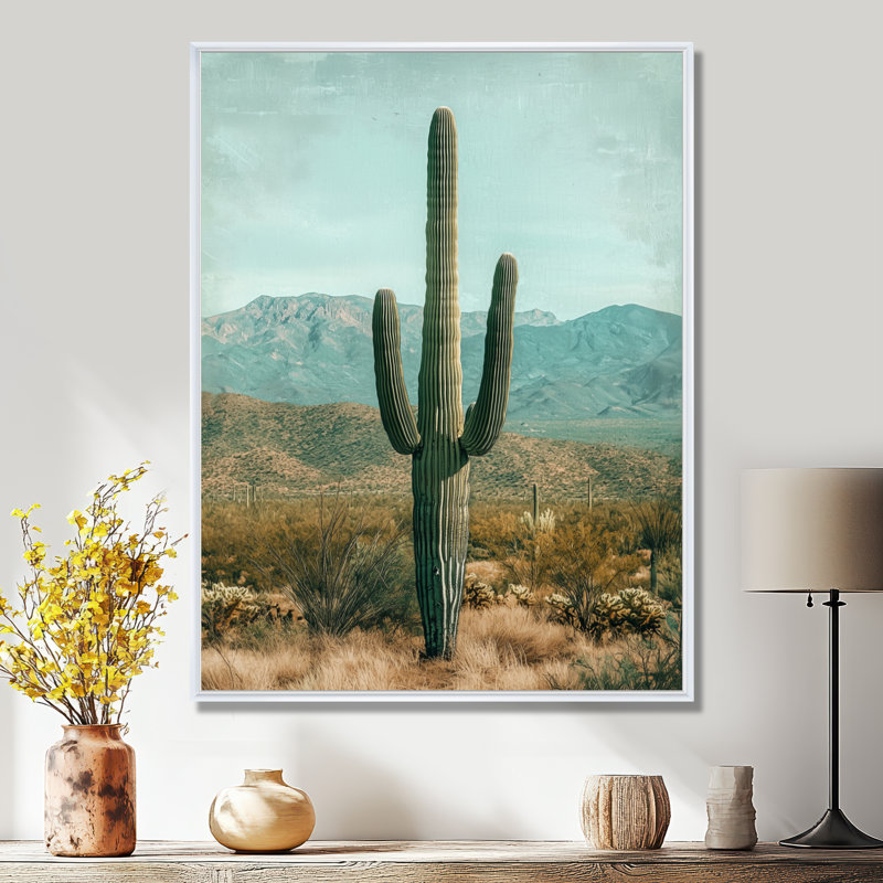 Marishia Cactus and Mountains II - Cactus, art mural sur toile, H 20 po x l 12 po, Reproduction avec cadre flottant, Blanc