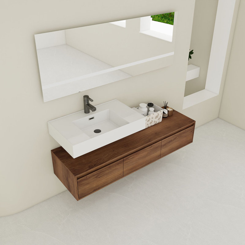 Meuble-lavabo mural de 60 po avec lavabo en résine, tiroir à fermeture en douceur et fixation flottante, Brun ébène