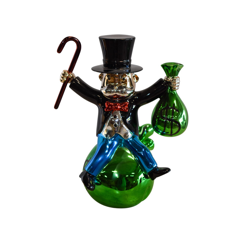 Statue monopole joyeux abstrait et géométrique Altaf assis sur un sac d'argent 12 po x 10 po x H 16 po