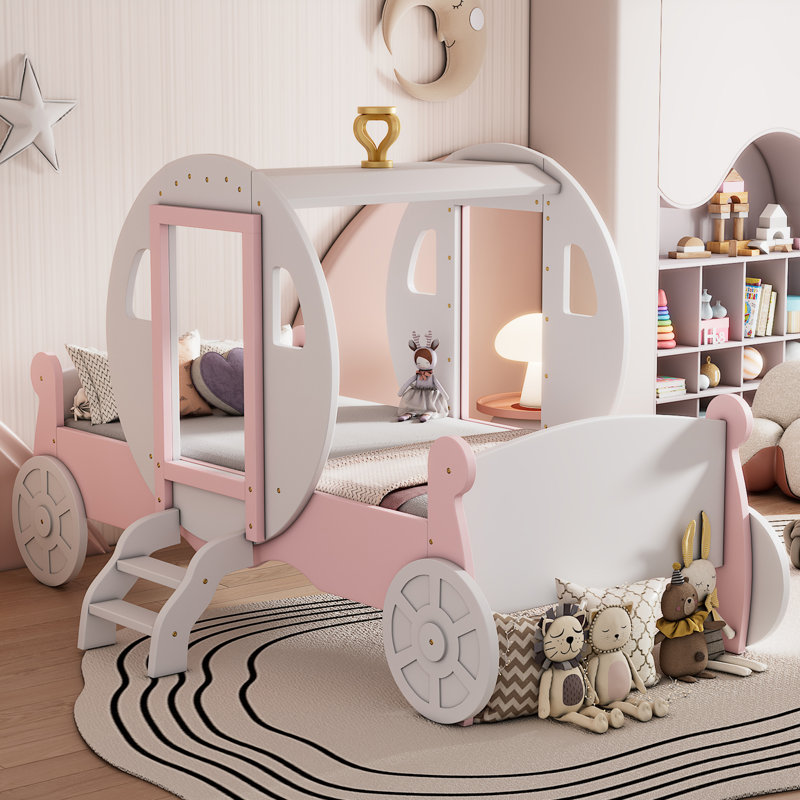 Elowen Fairytale Wood Princess Carriage Platform Bed with Crown Detail, Stairs, and Slatted Support, White/Pink
