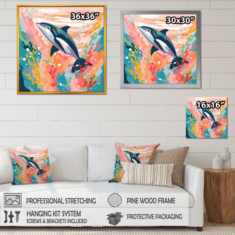 «Aquatic Elegance Dolphin Impression», art mural dauphin animaux, Cadre flottant noir, H 30 po x l 30 po x P 1,5 po