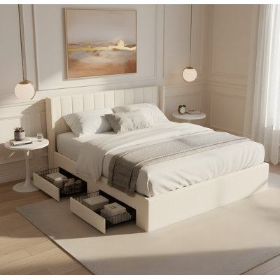 Large-capacity upholstered storage bed with drawers,Beige,King
