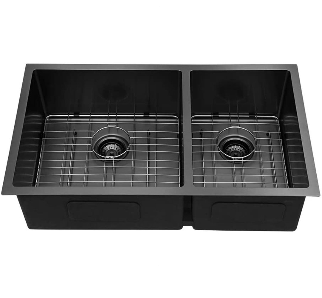 33" L x 19" W Undermount Double Bowl Stainless Steel Kitchen Sink with Basket Strainers and Sink Grids Mocoloo