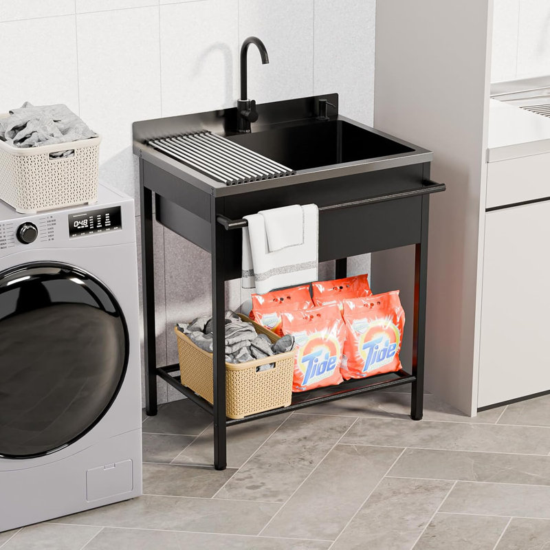 Freestanding Stainless Steel Utility Sink Laundry/Kitchen Sink with Faucet & Draining Rack