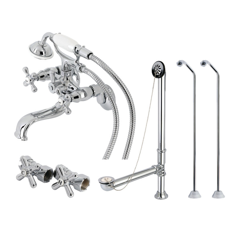 Kingston Brass Vintage Three-Handle 2-Hole Tub Wall Mount Clawfoot Tub Faucet Package with Supply Line, Hand Shower and Tub Drain