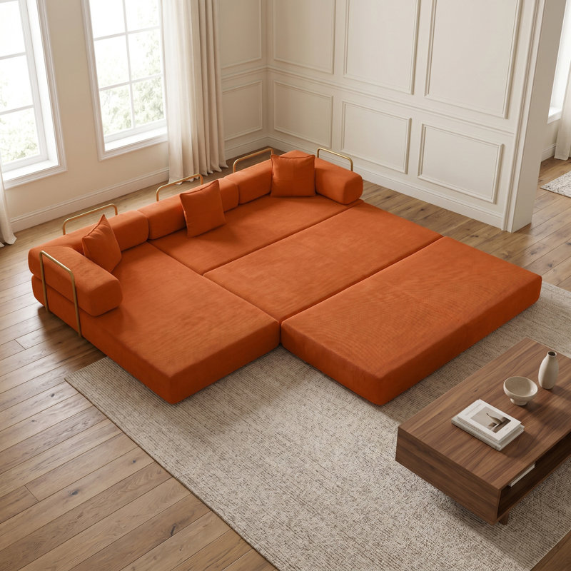 Modular Boneless Corduroy Reversible Sectional Sofa - 5-in-1 Convertible Sleeper, No-Assembly Grand King Bed, Orange Corduroy