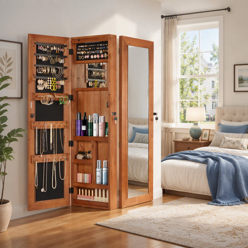 Armoire à bijoux murale en bois massif avec miroir pleine longueur et système d'éclairage DEL automatique, Brown