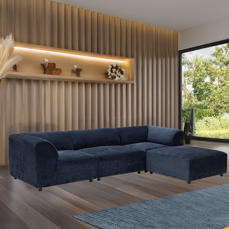 Canapé modulaire et méridienne avec pieds en bois, Bleu marine, Accoudoir à droite (vu de face)