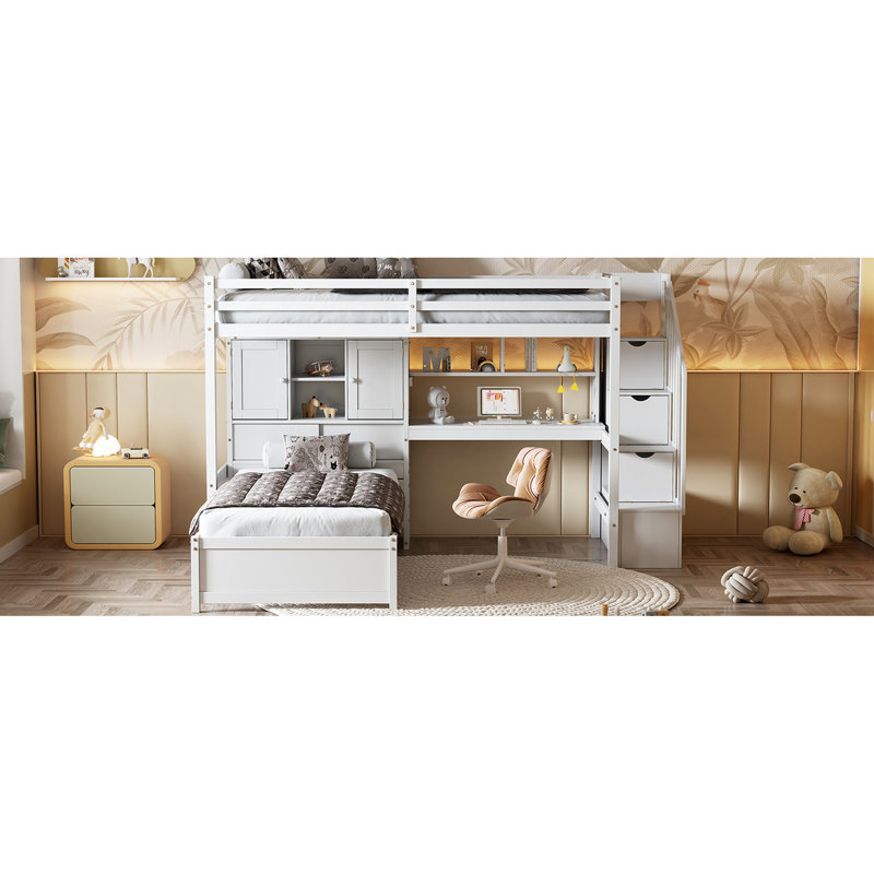 Lit mezzanine avec escalier, rangement et bureau avec rangement, escalier en finition, Lit simple, Blanc
