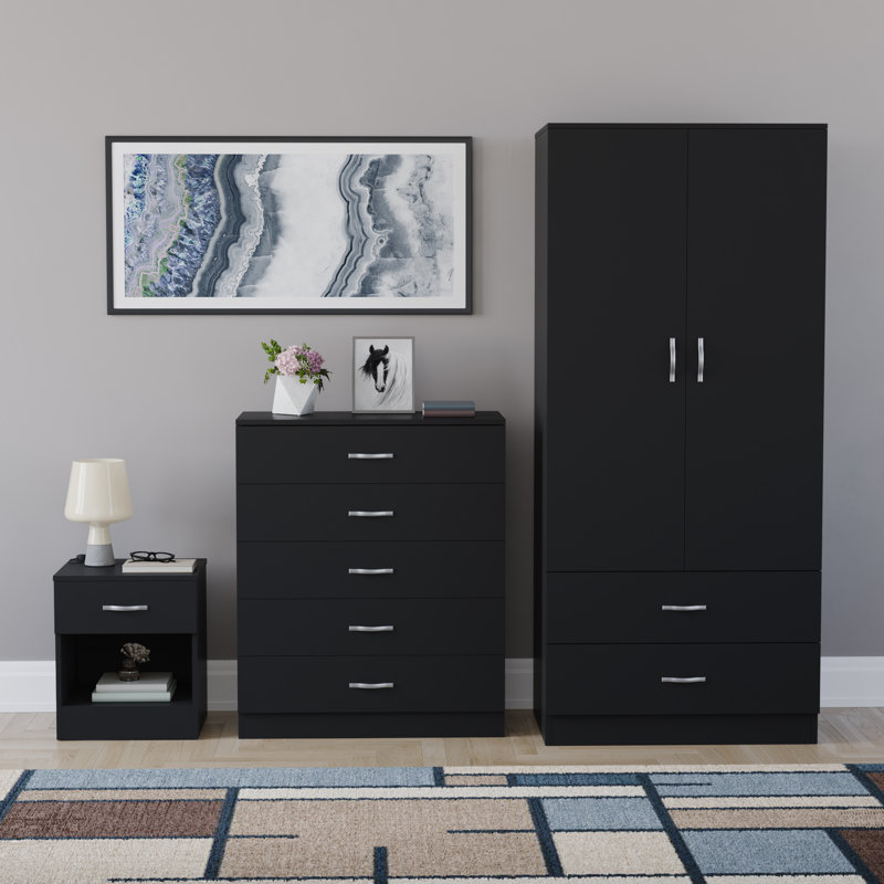 Maybery 3 Piece Bedroom Set (1 Drawer Bedside Chest, 5 Drawer Chest, 2 Door 2 Drawer Wardrobe), (4), Black
