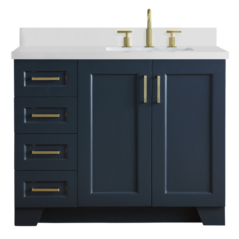 Meuble-lavabo simple en bois massif de 43 po de couleur bleu minuit Freitas, avec comptoir en quartz blanc de 1,5 po, lavabo droit décalé et rectangulaire