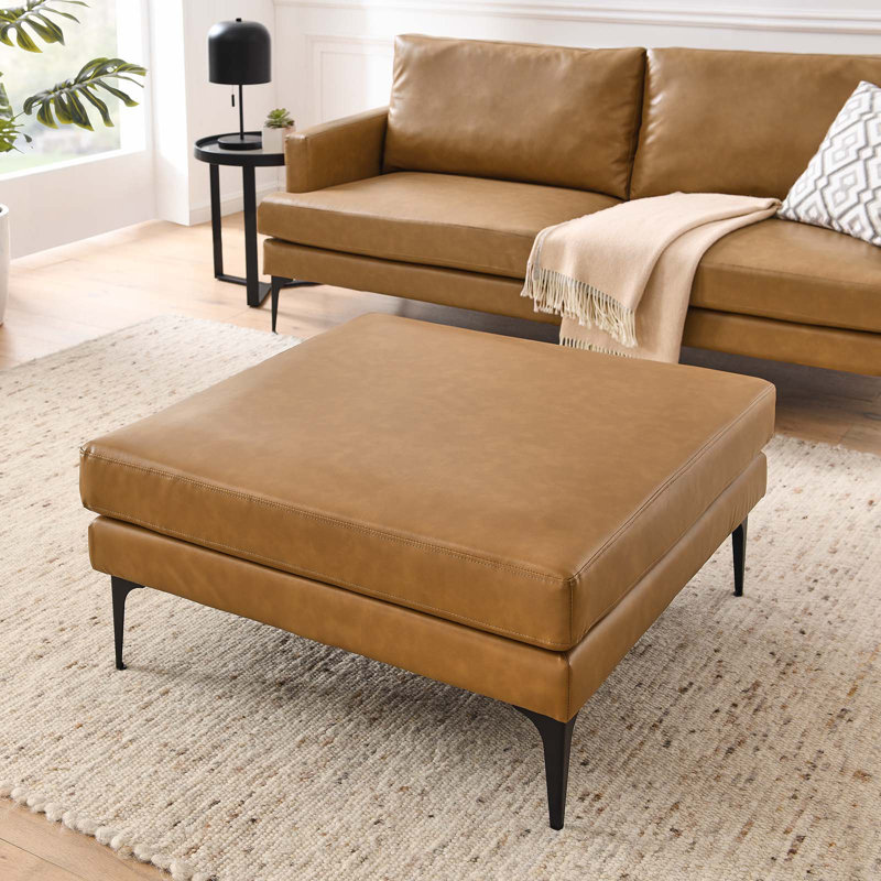 Tan Vegan Leather Upholstered Ottoman with Metal Legs