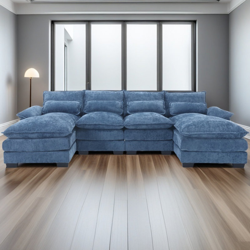Modern Large Chenille Fabric U-Shape Sectional Sofa, Navy Chenille