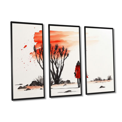 Andonia " Lady In Red By Watercolor Autumn Tree " 3 - Pieces