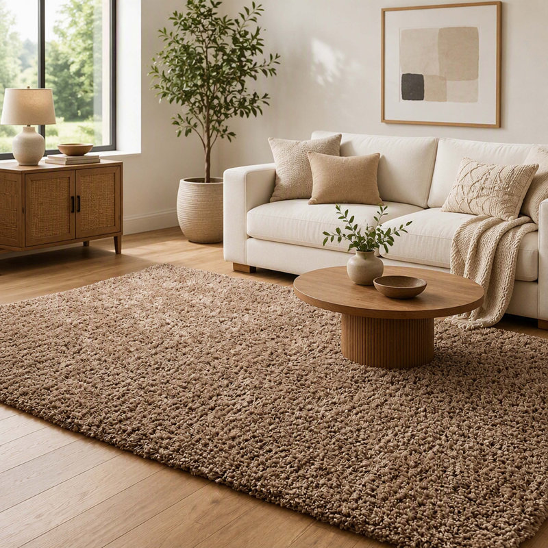 Tapis à poil long moelleux et moelleux de couleur café, tapis moderne de 7,5 x 9,5 pieds avec une taille de 89 x 113 pouces