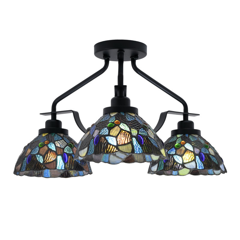 Odyssey 3 Light Semi-Flush Shown With 7" Blue Mosaic Art Glass, Noir mat