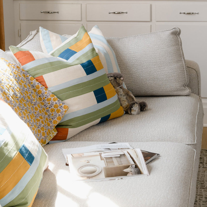 Square Pillow Cover & Insert, Green/White/Yellow, Striped
