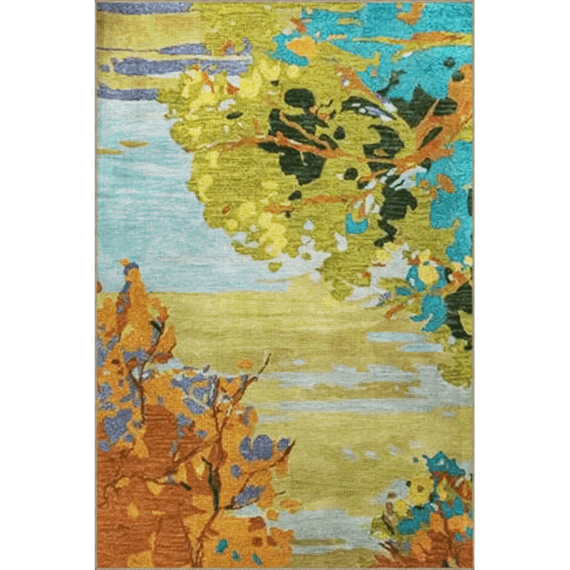 Blue Green Themed Abstract Tree Patterned Fringed Modern Decorative Carpet, Rectangle 4' x 5'11"
