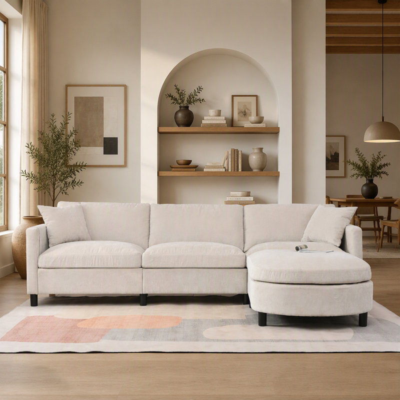 Canapé de coin confortable avec coussins amovibles et pouf, idéal pour les salons modernes, Beige Polyester