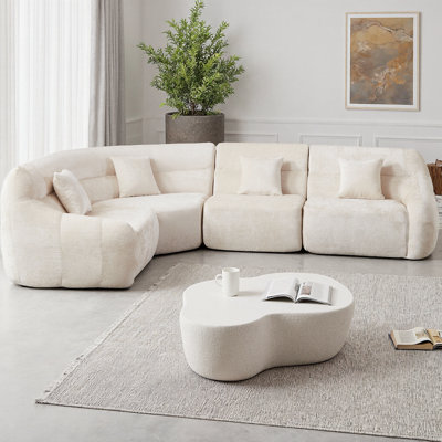 123.2-inch Modern Curved Corner Boneless Sectional Sofa, Chenille Modular Cloud Couch with High Back & 4 Pillows, Oversized 4-Seater No Assembly Living Room Sofa, 900 lb Capacity