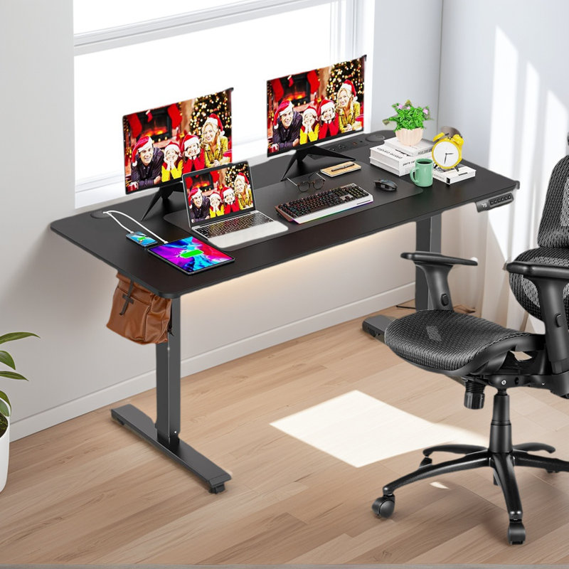 Kashif 55'' Electric Height Adjustable Standing Desk With 2 USB Ports, 3 Power Outlets, and 4 Casters, 2 Hooks, Big Mouse Pad