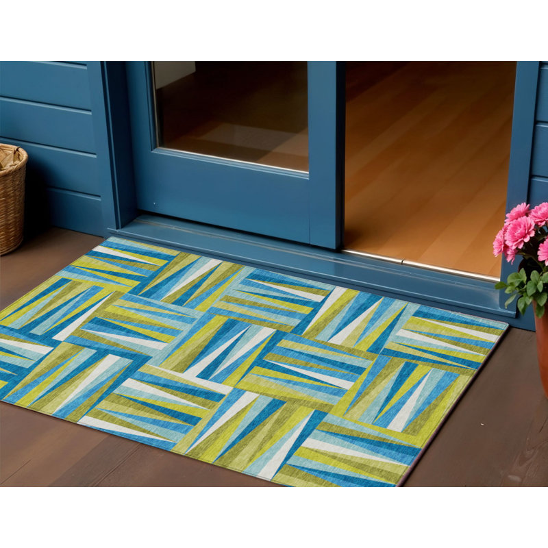 3' X 5' Teal Blue Green And Ivory Geometric Washable Indoor Outdoor Area Rug