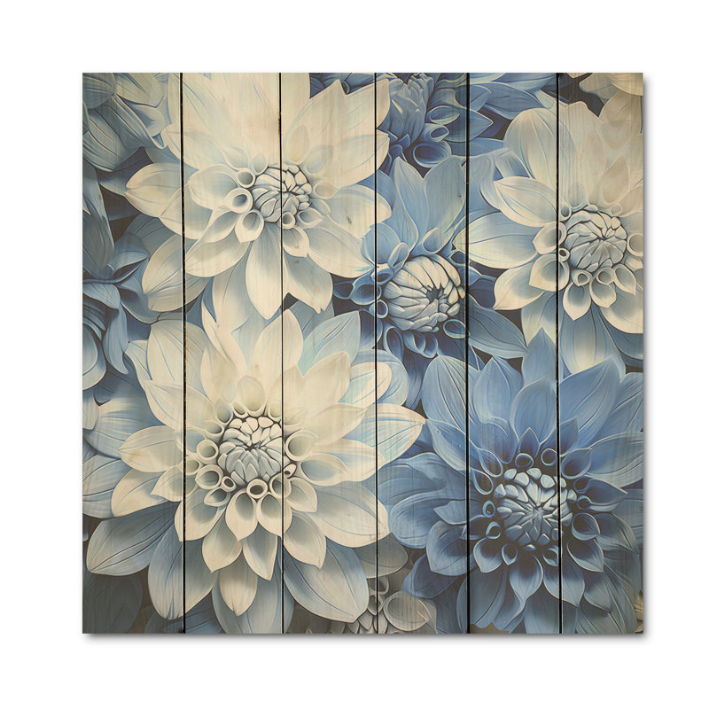 Blanc et bleu «Dahlia Embrace I» - art mural en bois de dahlia sur bois de pin naturel, H 36 po x l 36 po