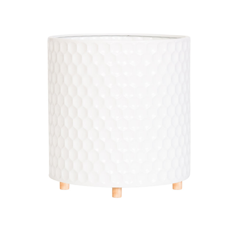 Pot à fleur en métal Mid Century, H 13 po x l 12,25 po x P 12,25 po, Blanc