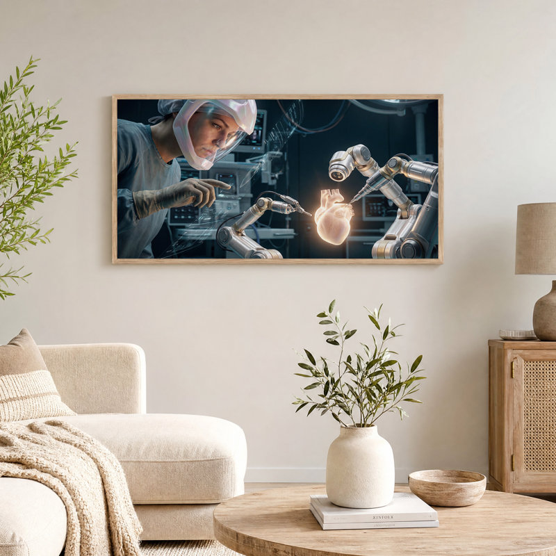 Chirurgien robotique et bras avec cœur holographique, tableau sur toile