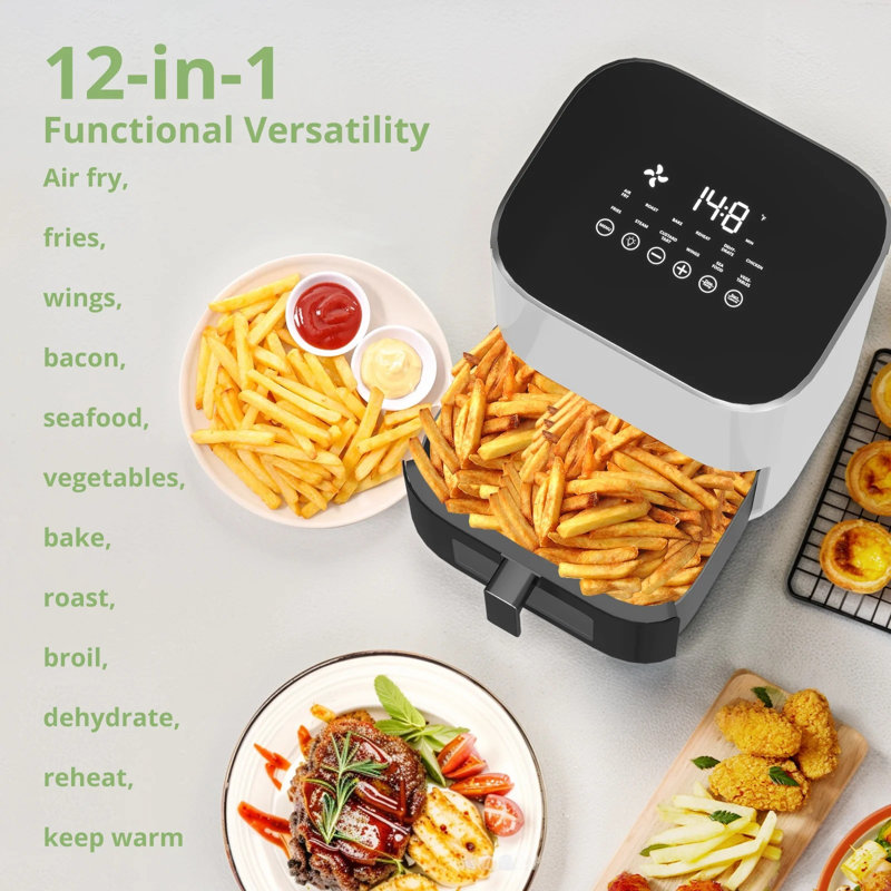 Friteuse à air 12-en-1, compacte et grande 6 pte avec fenêtre de visualisation, rôti, réchauffer, déshydrater, cuire, vapeur
