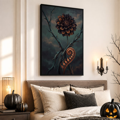 Toile murale d'Halloween représentant une fougère cuivrée en spirale, avec des branches épineuses et des fleurs sombres.