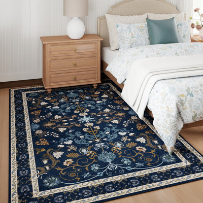 Living Room Rug 4x6 ft Dark Blue Area Rug Machine Washable Rug, Non Slip Vintage Rug Stain Resistant Indoor Large Carpet for Bedroom, Distressed Retro Floor Rug for Classroom, Dorm, Dining Room