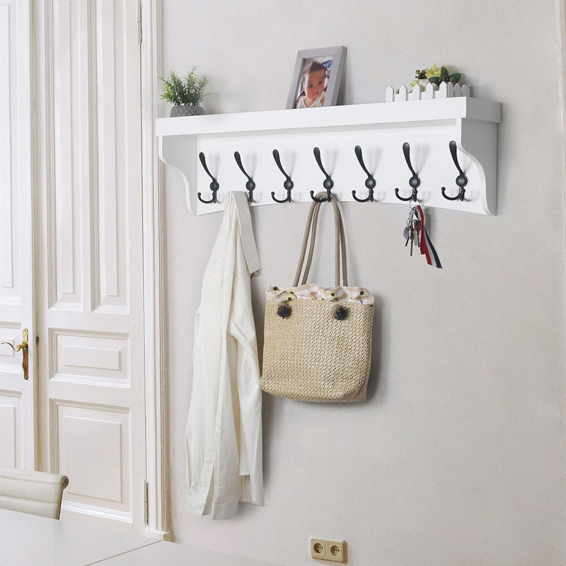 Coat Rack Wall Mount With Shelf,35’’ Long White Shelf With Hooks Underneath,Wall Mounted Coat Rack With Shelf,Key Rack For Wall,7 Triple Hooks For Hanging Coats,Bathroom,Entryway