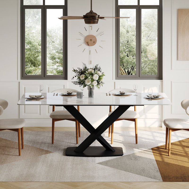 Modern Rectangular Dining table with Glossy Sintered Stone Table top, White Kitchen Table with Stainless Steel Legs for Dining Room