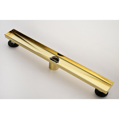 Caniveau de douche linéaire, 61 cm (24 po), acier inoxydable, fini or brossé, avec filtre à cheveux et pieds de nivellement.